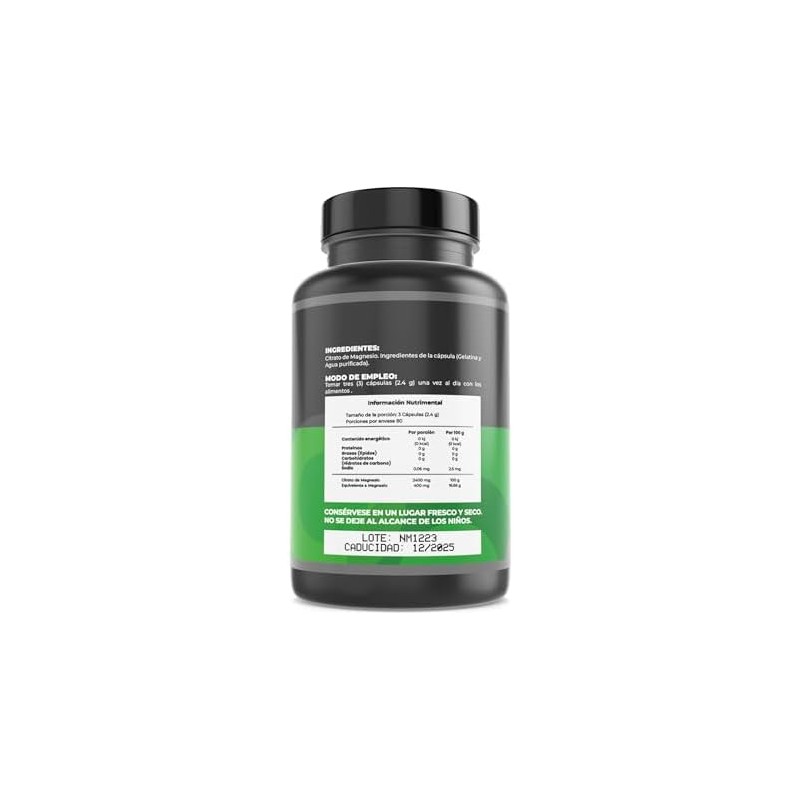 Citrato de Magnesio 800mg Origen Natural 240 Cápsulas Suplemento Alimenticio