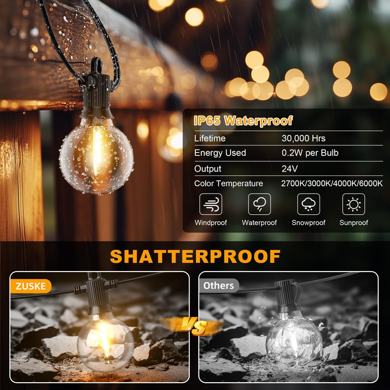 Zuske Outdoor String Lights, 100FT 4-Color LED Patio Lights with