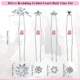Bridal Hair Pins 40 pcs Crystal Pearl Flower Wedding Hair Accessories, Decorative Pearl Hair Pins for Women 4 Styles Silver