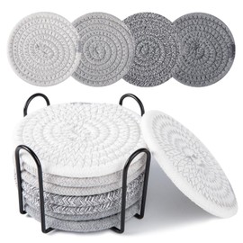 OIAHOMY 8 Pcs Coasters with Holder, Coasters for Drinks, Woven Cotton Absorbent Coaster Set for Kinds of Cups, Housewarming Gifts for Home Decor -Grey