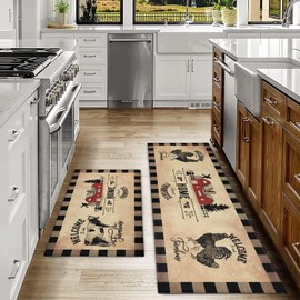 Ideasonna Farmhouse Kitchen Rugs Sets of 2 Decor Brown Country Rustic Cow Rooster Kitchen Rug Non-Slip Washable Farmhouse Kitchen Mats for Floor