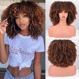 WigDreams 10/12 Inch Short Afro Kinky  Coily Hair Wigs for Black Women, Fluffy Glueless Wigs with Bangs, Wear and Go Synthetic Full Machine Wigs for Daily Party  curly - Color: Brown-12IINCH