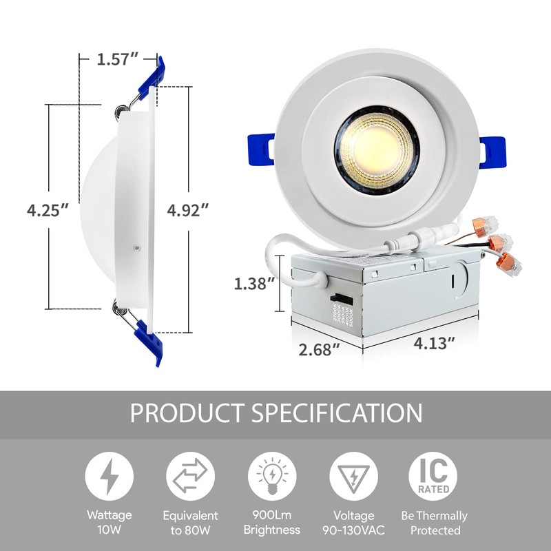 Adetu 4 inch Gimbal led recessed Light, 360°+90° Adjustable Directional