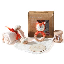 Newborn Gift, 6-Piece Baby Gift Set Girls Boys - Bath Towels, Bibs, Wooden Toy, Crochet Rabbit Rattle and Milestone Cards, Gift Packaging (Beige)