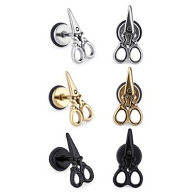 Cottvott Womens Mens Tragus Cartilage Scissors Shape Earring Studs Stainlss Steel Ear Jewlelry 3 pairs (3 pairs (gold+black+silver))