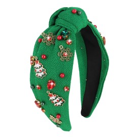 CAVETEE Christmas Headband for Women, Green Knotted Headband with Rhinestone Christmas Tree Snowflake Pearl Christmas Decorations Holiday Christmas Accessoriess for Women and Girls