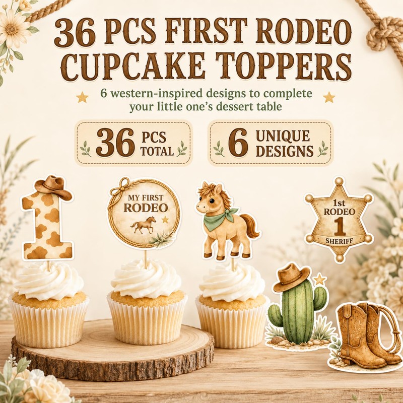ALISSAR 36 Pcs My First Rodeo Cupcake Toppers, Western 1st
