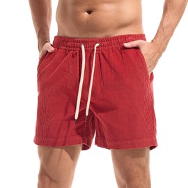 AMY COULEE Mens Corduroy Shorts 5.5" Elastic Waist Casual Shorts Summer Beach Shorts with Pockets (Red, L)