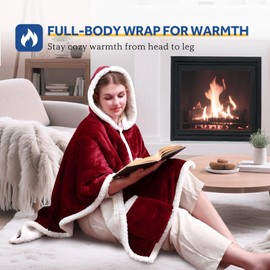 Sealy Heated Throw Wearable Shawl Wrap with Pockets, Reversible Flannel to Sherpa Electric Blanket Hoodie Poncho with 6 Heating Levels & 2-10 Hours Time Settings, 50 X 60 Inch, Red