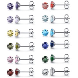 JOVIVI 24pc Silver Stud Earrings for Women,6mm Small Cubic Zirconia Birthstones Earrings hypoallergenic Surgical Steel Sleeper Ear Studs Jewellery Set Men