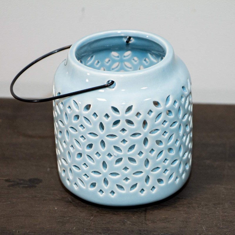 Antikas - Light Blue Ceramic Lantern with Carry Handle