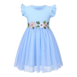HILEELANG Little Flower Girl Tulle Tutu Dress Light Blue Ribbed Cotton Flutter Sleeves Birthday Wedding Party Princess Dresses 8 Years