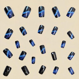 24Pcs Short Press on Nails Square Fake Nails Blue Black Gradient Glue on Nails Starry Sky Designs Glossy Acrylic False Nails Reusable Full Cover Artificial Stick on Nails for Women Girls