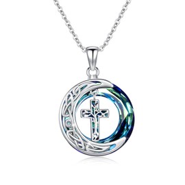 ECHOOY Celtic Moon Necklace 925 Sterling Silver Family Tree of Life Religious Cross Pendant Necklace Abalone Shell Cross Cremation Jewellery Gifts for Women Men