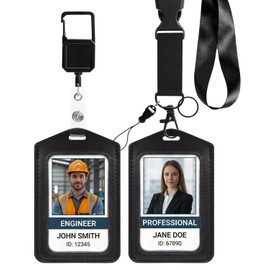 Retractable ID Badge Holder with Breakaway Lanyard and Clip, Faux Leather Vertical Card Holder with Heavy Duty Retractable Reel for Security, Office, Warehouse, Engineer, Cruise Cards, Black