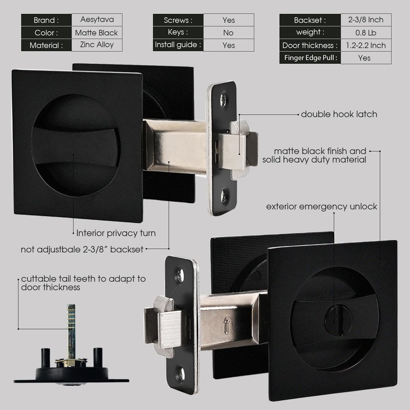 Aesytava Matte Black Privacy Pocket Door Lock, Heavy Duty Square