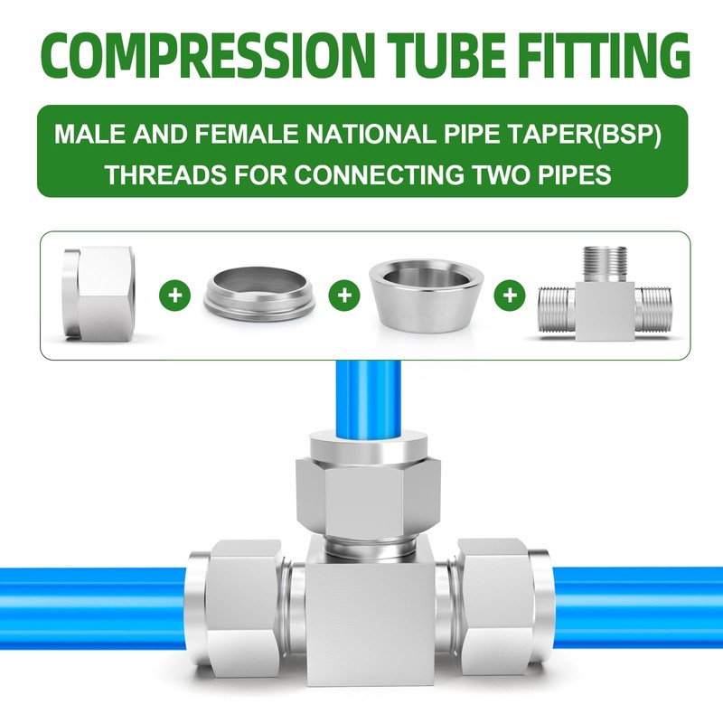 TAISHER 2 PCS 304 Stainless Steel Compression Tube Pipe Fitting