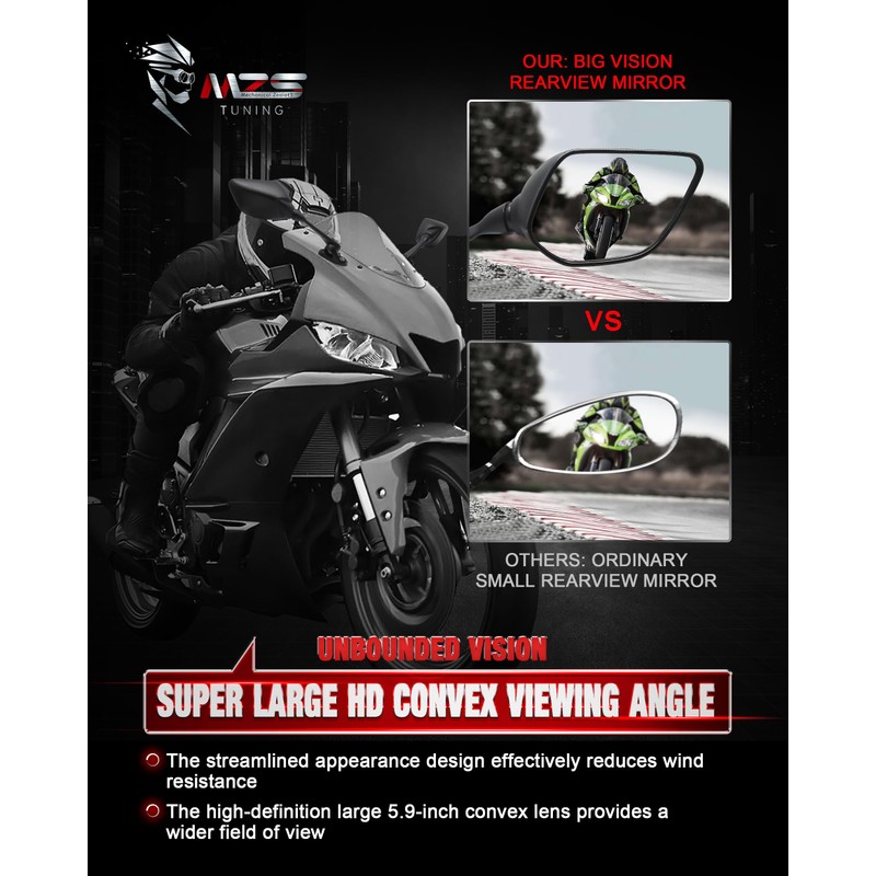 MZS Racing Motorcycle Mirrors, Fairing Rearview Side Mirror Adjustable Black