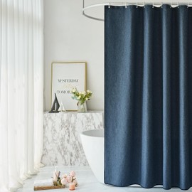 Youngseahome Boho Shower Curtain for Bathroom, Denim Blue with Border, Faux Linen Fabric with 12 Hooks, Hotel Quality, 72 x 84 Inches