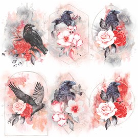 Raven Overlay Rice Paper, 20.32 x 26.67 cm - 6 Unique Printed Mulberry Paper Images 30gsm Visible Fibres for Decoupage Crafts Mixed Media Collage Art