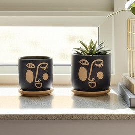 Sagebrook Home Set of 2 5/6" Funky Face Planter with Saucer, Black, Round, Contemporary, 6" L X 6" W X 5.75" H, Abstract