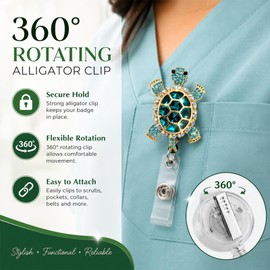 Turtle Badge Reel Retractable with Alligator Clip, Bling Rhinestone ID Badge Holder for Nurses, Cute 360° Rotating Badge Reel for Women Office Teacher Hospital Staff Blue