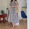 Linen Check Long Plus Size Maternity Dress Navy 2ea