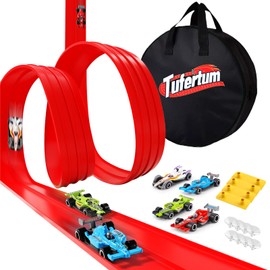 Flexible Toy Car Track for Racing, 6M Roll Up Race Track Includes 4 Diecast Toy Cars for Boys, Diecast Cars and Monster Trucks, Attach to Windows Doors for Bumps Jumps Tunnels Loops (6M)