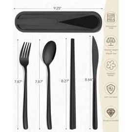 Travel Utensils with Case, PHILIPALA 2 Sets 18/8 Stainless Steel Reusable Utensils Set with Case, Travel Cutlery Set with Knife Fork and Spoon Chopsticks Set for Lunch Work Camping(Black, Sliver)