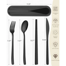 Travel Utensils with Case, PHILIPALA 2 Sets 18/8 Stainless Steel Reusable Utensils Set with Case, Travel Cutlery Set with Knife Fork and Spoon Chopsticks Set for Lunch Work Camping(Black, Sliver)