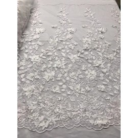 NEW CREATIONS FABRIC AND FOAM INC WHITE PRINCESS 3D FLORAL EMBROIDER WITH PEALS ON A MESH LACE-SOLD BY YARD.
