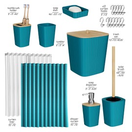 Clara Clark Bathroom Accessories Set - Teal Bathroom Set, 20PC Bathroom Accessory Set, Shower Curtain Set, Toilet Brush, Trash Can & Soap Dispenser