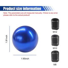 UHANBUT Car Round Ball Gear Shift Knob, Aluminum Alloy Gear Shift Stick Head for Most Manual Vehicles with 3 Adapters M8, M10, M12 (Blue)
