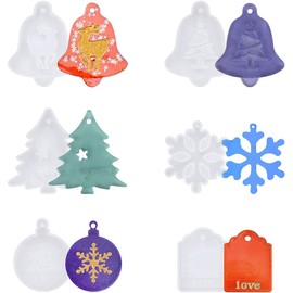6 Pcs Christmas Resin Moulds, Xmas Bell Tree Snowflake Elk Wolf Molds Epoxy Pendant Necklace Jewelry Making Mould for Keychain Pendent Xmas Tree Ornament Decoration DIY Gift