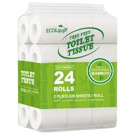 ECOLipak Bamboo Toilet Paper, Septic Safe Toilet Tissue, 24 Double Rolls, 320 Sheets Per Roll, Tree Free, Non Toxic, 2 Ply, Soft and Absorbent, Eco Friendly Dye-Free Paper