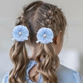 ZOLYCO Tiny 3 Inch Hair Bow Clips Thick Ribbon - Cute Lined Boutique Alligator Hairpin for Girls, Toddlers, and Little Teens - Kids Barrettes Set of 2 Small Stylish (Blue)