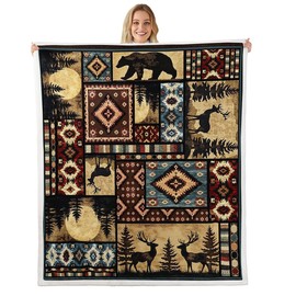 Erosebridal - Manta de oso rústico de 50 x 60 pulgadas, manta de forro polar a cuadros de búfalo, decoración de cabaña de ciervo de caza, diseño retro azteca suroeste, geometría tribal borrosa, café