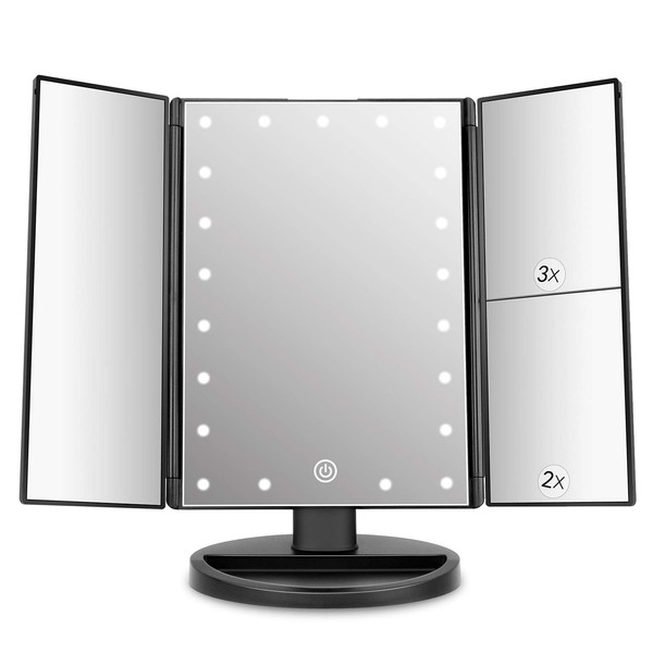deweisn Tabletop Mount Trifold Lighted Vanity Mirror with 21 LED Lights, Touch Screen and 3X/2X/1X Magnification, Two Power Supply Mode Make up Mirror,Travel Mirror