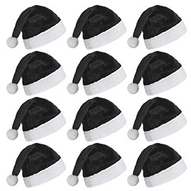 12 Bulk Santa Hats Plush Christmas Hats for Kids Children Teenagers & Adults Small Head, Velvet Fleece Xmas Hats Gifts Black