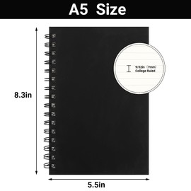 EUSOAR Spiral Notebook College Ruled, 3packs Black A5 5.5" x 8.3" Tear-off Paper Thick Hardcover, 160Pages/ 80Sheets 100GSM Lined Pages, Notebooks for Work Office Journaling Sketchbook Travel Diary