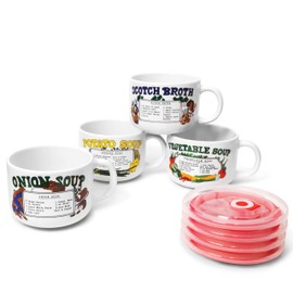 Old & Bold - 4 27 Oz Soup Bowls With Lids - Retro Soup Recipe Ceramic Mugs With Vented Lids and Handles - Version 2 - Pack of 4 - Microwave and Dishwasher Safe - For Soup, Instant Noodles, Cereal (V2)