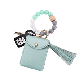SZUSHINE Keychain Purse Wristlet, Silicone Beaded Key Ring Bracelet with Card Wallet Elastic Keyring Bangle For Womens (Mint-Green)