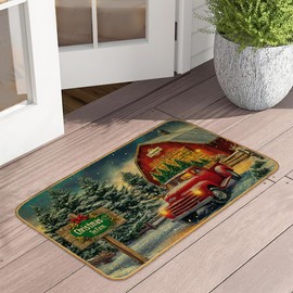 Christmas Tree Farm Door Mat 17"x29",Red Truck Winter Doormat Indoor Entrance,Non Slip Rubber Front Door Mats Washable Absorbent Inside Outside Low-Profile Home Entryway Rug Outdoor