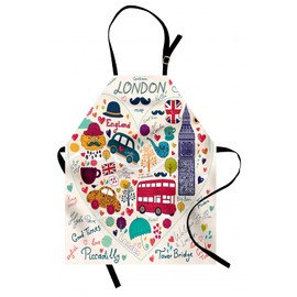 Lunarable London Apron, Colorful Red Bus Big Ben Tea Umbrella Hat Retro Black Cabin in a Heart Print, Unisex Kitchen Bib with Adjustable Neck for Cooking Gardening, Adult Size, Red Pink