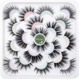 KOUSEI 10 Pairs of 6D Mink Eyelashes, Faux Fluffy Wispy Natural False Eyelashes, Long Thick False Eyelashes, Handmade, Reusable, Dramatic Eyelashes, Pack of 10 Makeup Eyelashes, No Glue, 10 Styles