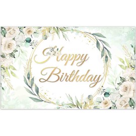 Luminora 72x43inch Watercolor Green Leaves White Flower Happy Birthday Backdrop Gilded Wreath Background Kids Birthday Party Banner Photo Props Booth