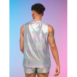 WDIRARA - Conjunto de 2 piezas para hombre holográfico, sin mangas, playera sin mangas y pantalones cortos con cordón, plateado, X-Large