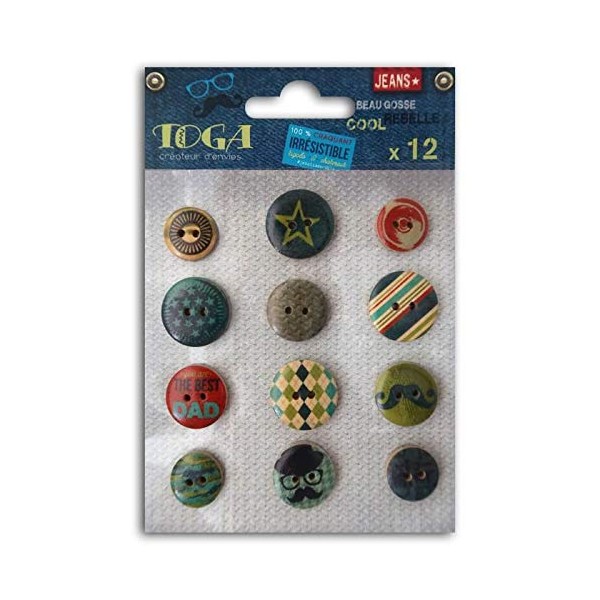 Toga AX078 100% Men Pack of 12 Wooden Buttons Multi-Coloured 1.8 x 1.8 x