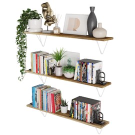 Wallniture Colmar 36"x6" Wood Floating Bookshelves for Wall Storage, Long Wall Shelves for Living Room, Bathroom, Kitchen Pantry, Bedroom, Burned Finish Wall Shelf Set of 3
