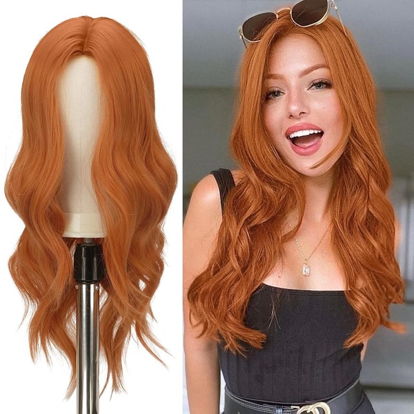 FESHFEN Long Orange Wig for Women, Middle Parting Synthetic Wavy